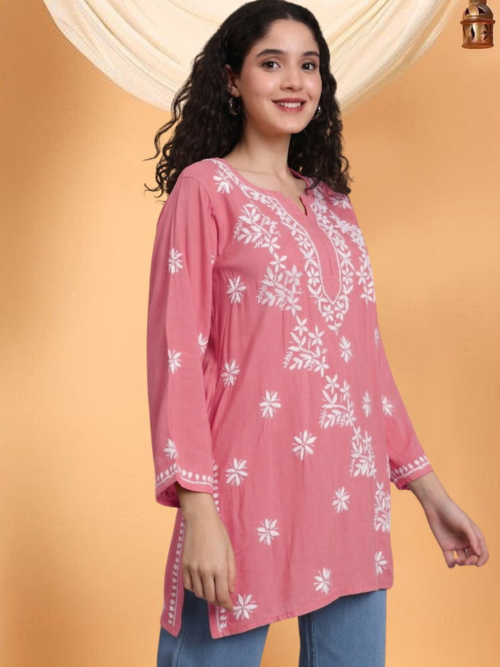 Women Hand Embroidered Chikankari Rayon Kurti PC4071 Peachpuff