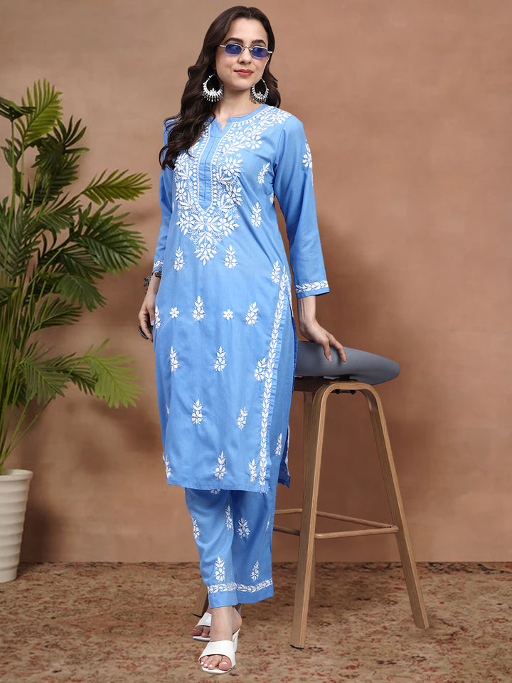 Women Hand Embroidered Chikankari Cotton Kurta set PC4107KS Denim