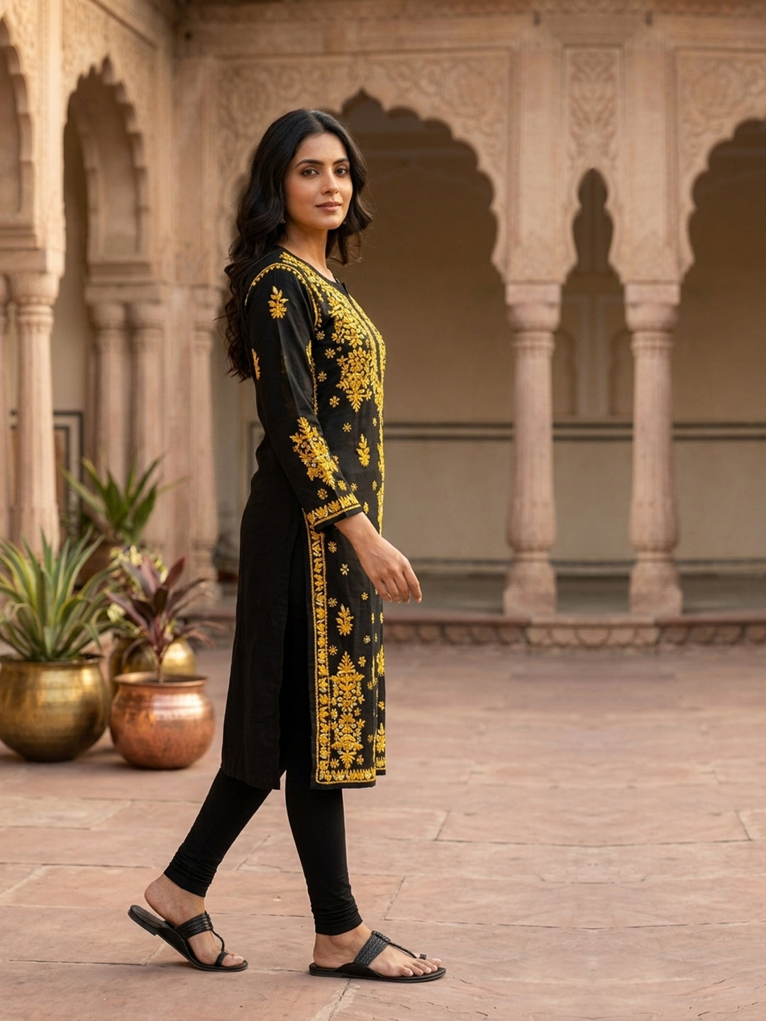 Hand Embroidered Chikankari Modal Straight Kurta PC4113 Yellow