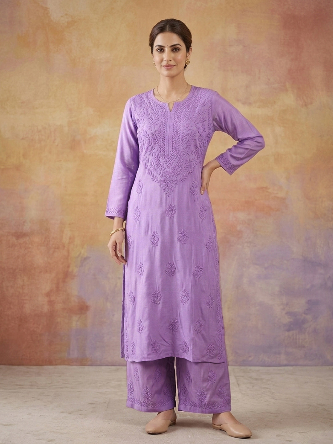 Women Hand Embroidered Chikankari Muslin Kurta Set PC4118KS-MAUVE