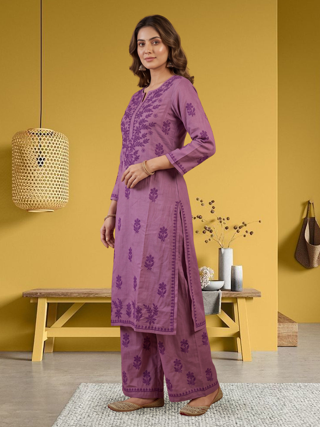 Women Hand Embroidered Chikankari Chanderi Kurta Set PC4119KS Mauve