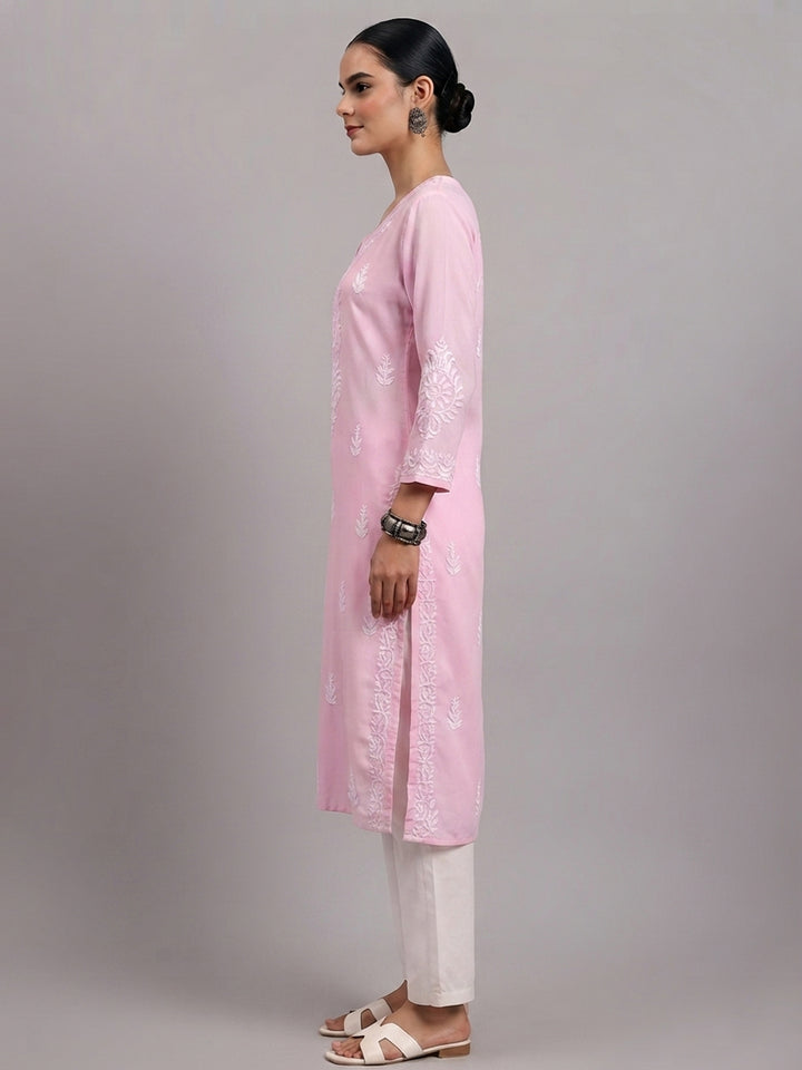 Women Hand Embroidered Chikankari Rayon Kurta PC4076 Pink