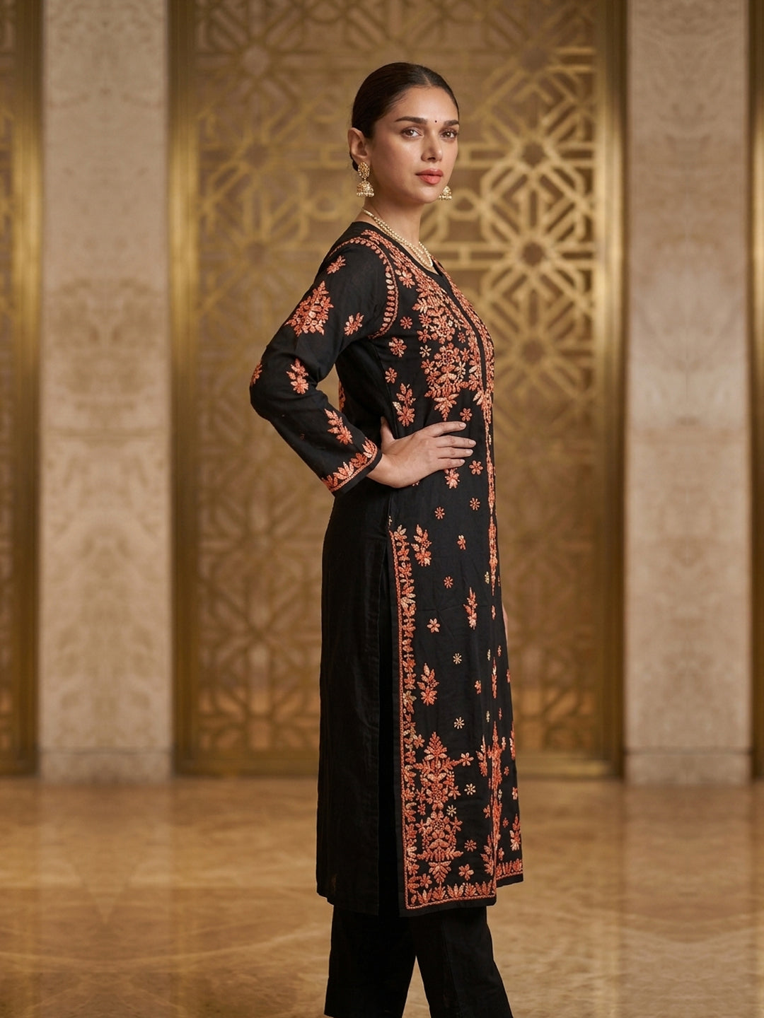 Hand Embroidered Chikankari Modal Straight Kurta PC4113 Orange