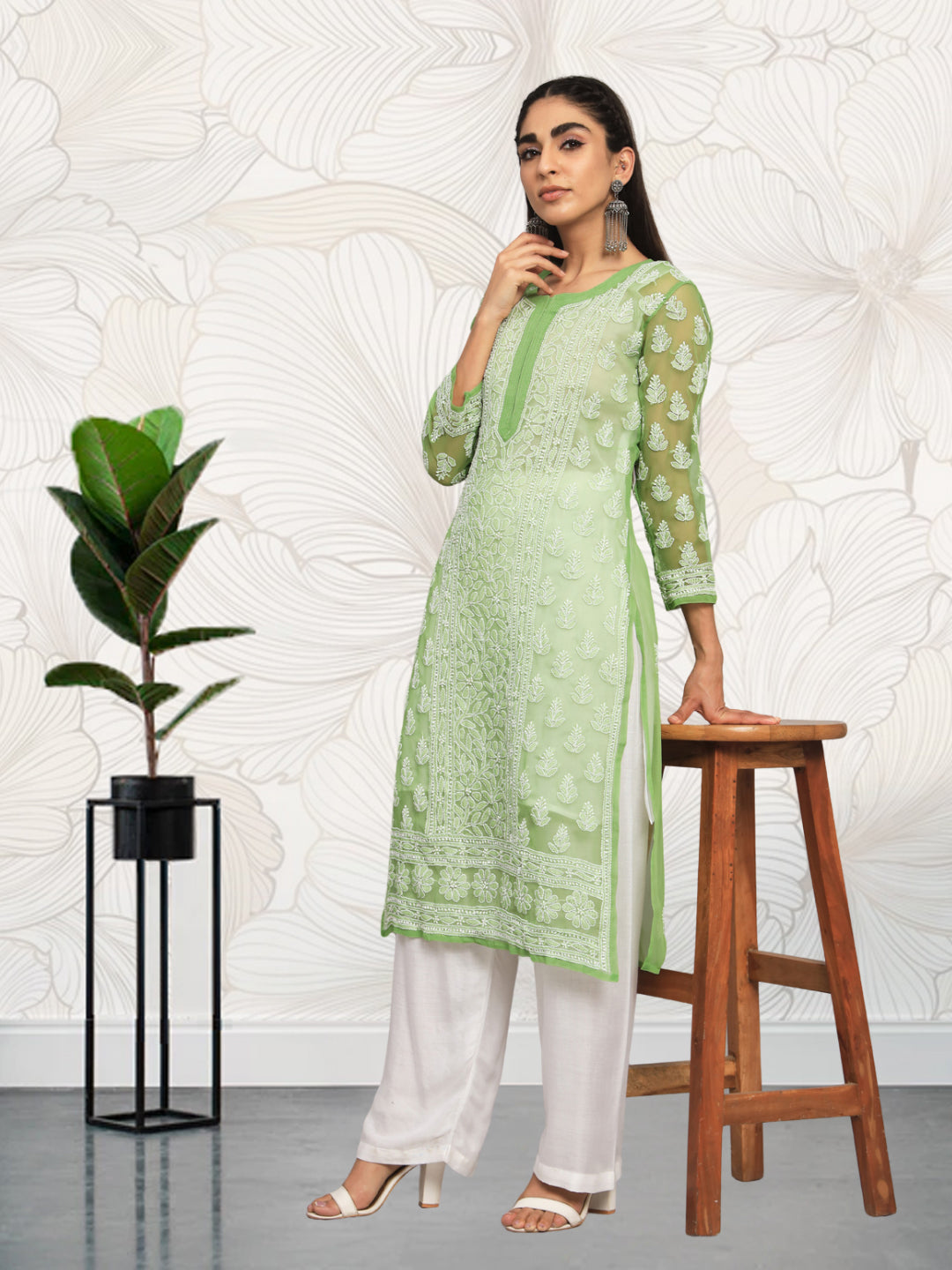 Hand Embroidered Chikankari Georgette Straight Kurta With Matching Slip- PC3594