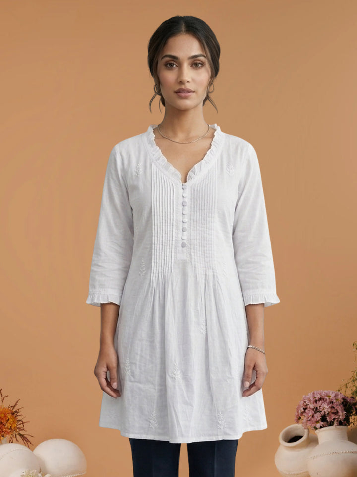 White and Pink Chikankari Cotton Tunic with Ruffle Neck