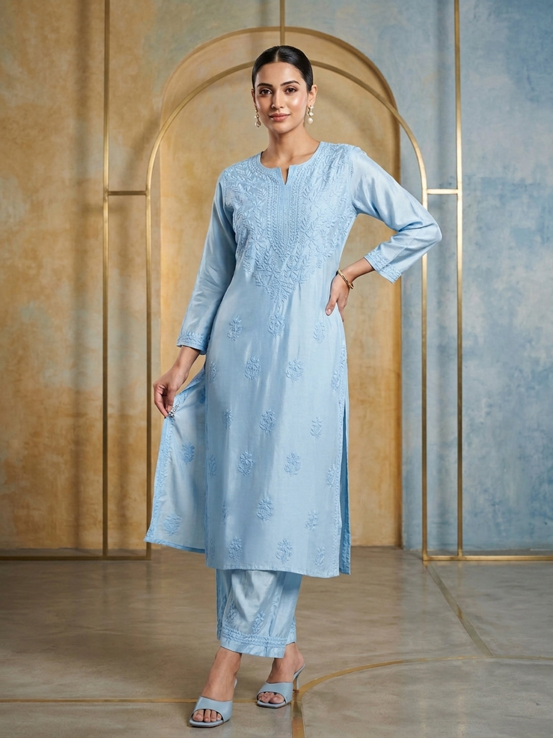Women Hand Embroidered Chikankari Muslin Kurta Set PC4118KS-BLUE