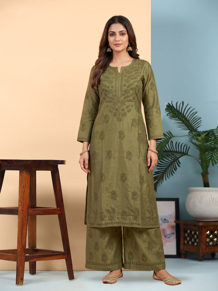 Women Hand Embroidered Chikankari Chanderi Kurta Set PC4119KS Olivegreen
