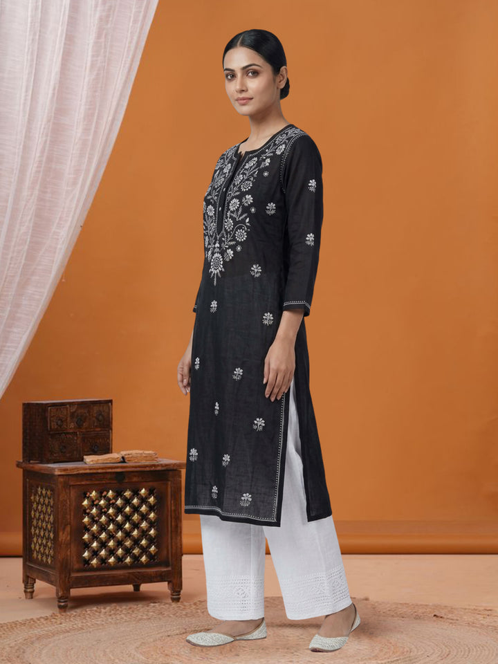 Hand Embroidered Chikankari Straight Floral Cotton Kurta-NTV115 Black
