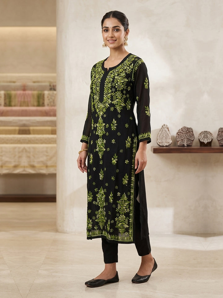 Hand Embroidered Chikankari Modal Straight Kurta PC4113 Green