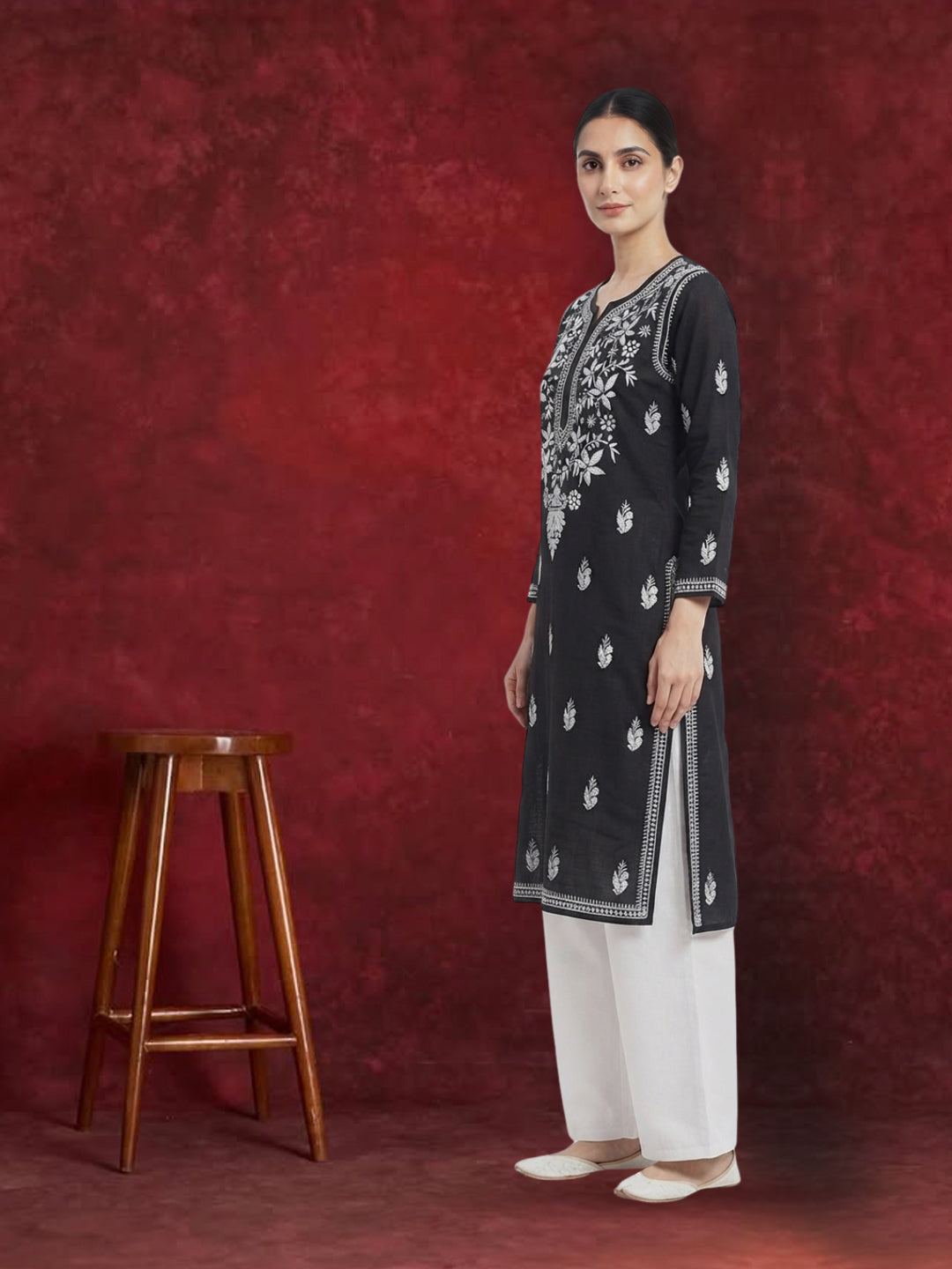 Hand Embroidered Chikankari Cotton Straight Kurta-PC3372 Black
