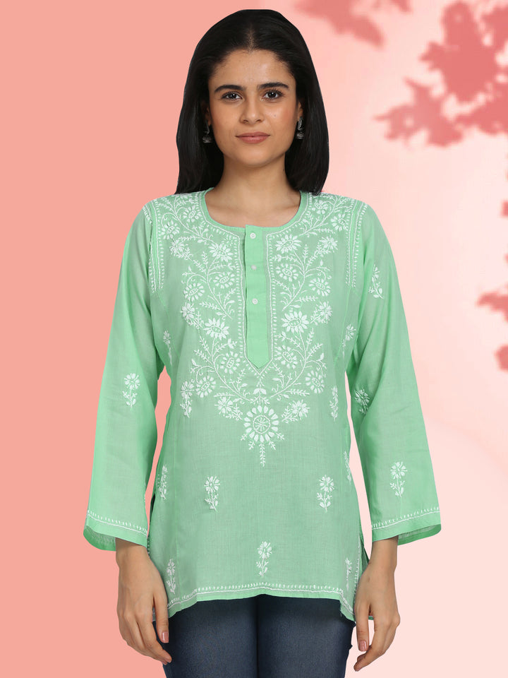 Women Hand Embroidered Chikankari Cotton Kurti-STV115