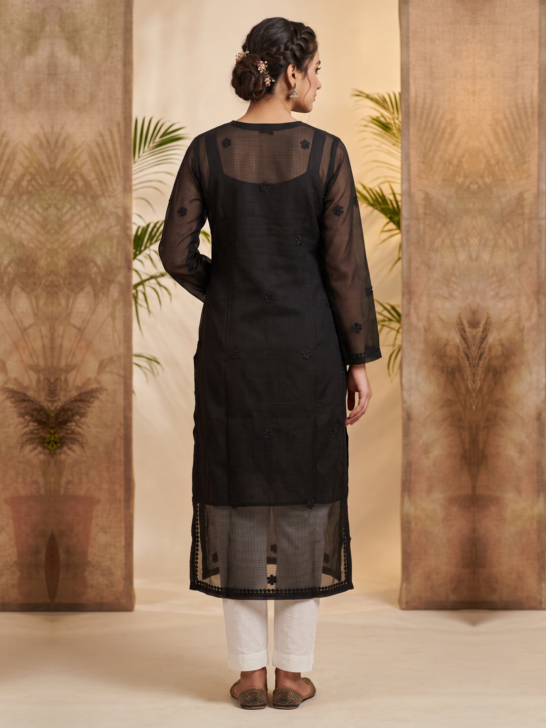 Hand Embroidered Chikankari Kota Cotton straight Kurta with Matching Slip-PC3540N