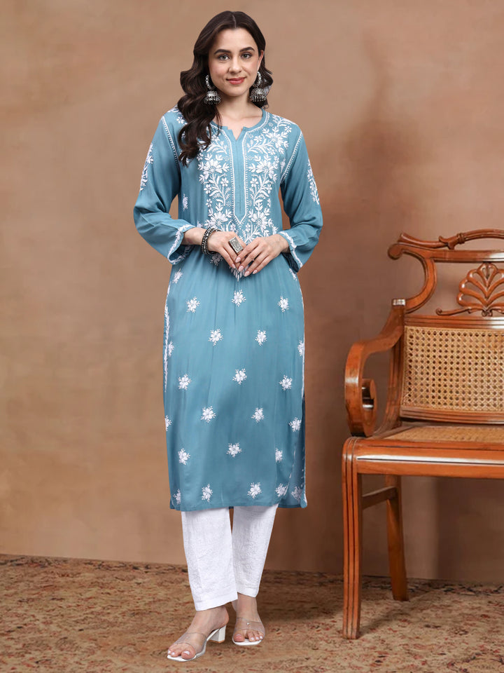 Hand Embroidered Chikankari Modal Straight Kurta- PC4059 Teal