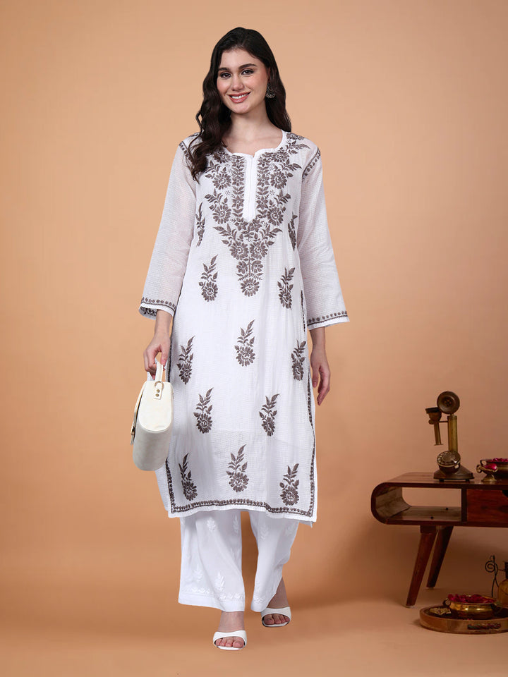 Hand Embroidered Chikankari Kota Cotton Straight Kurta With Matching Slip- PC4137 Brown
