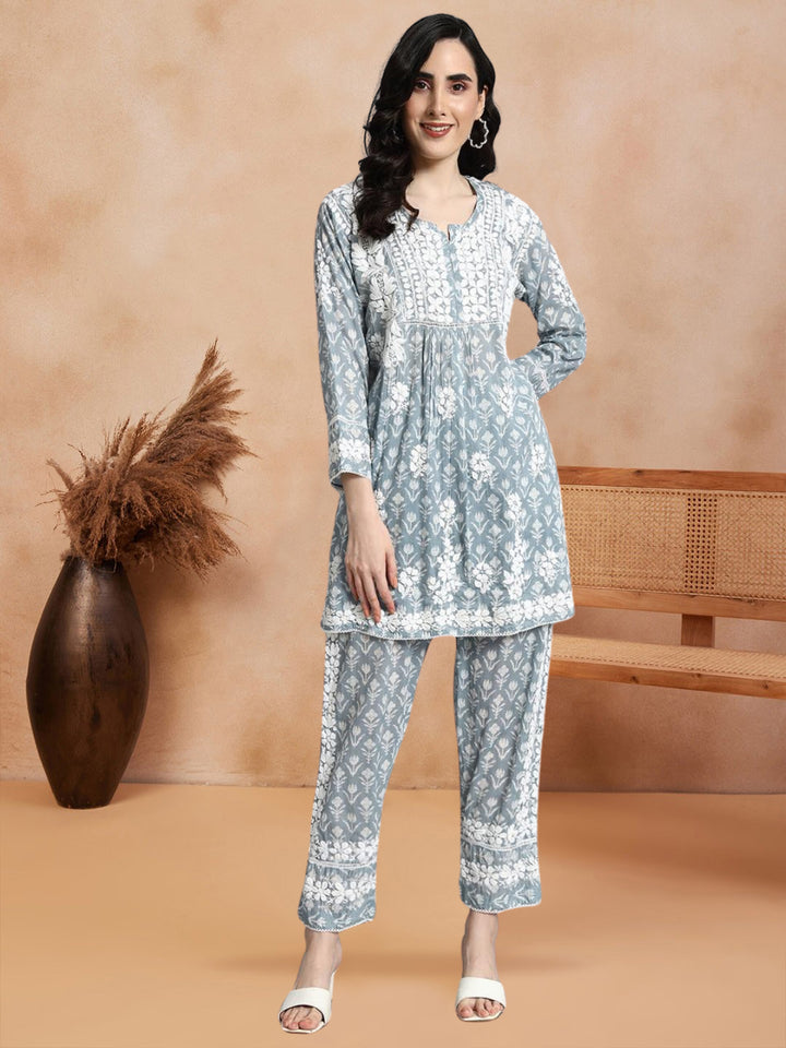 Hand Embroidered Mulmul Printed Cotton Chikankari Women's 2 PC Co-ord Set - PC4055