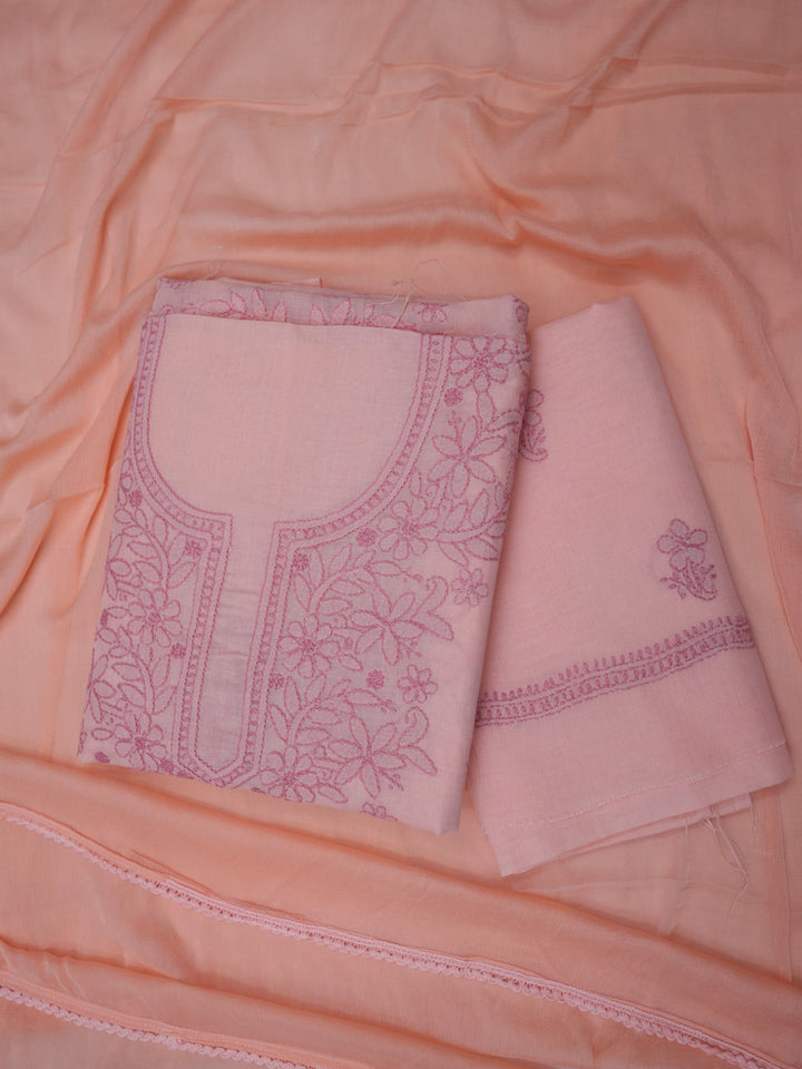 Women Hand Embroidered Chikankari Cotton Dressmaterial PCSCU00406FS-Peach