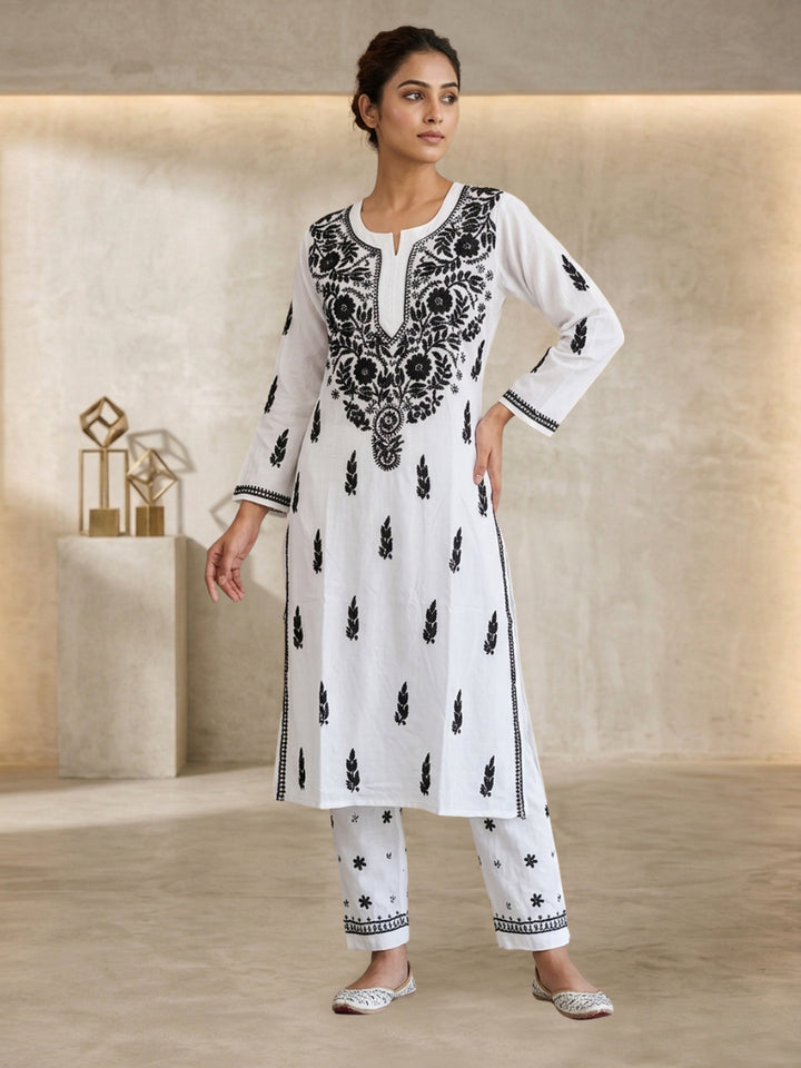 Women Hand Embroidered Chikankari Modal kurta set PC3451KS-WHITEANDBLACK