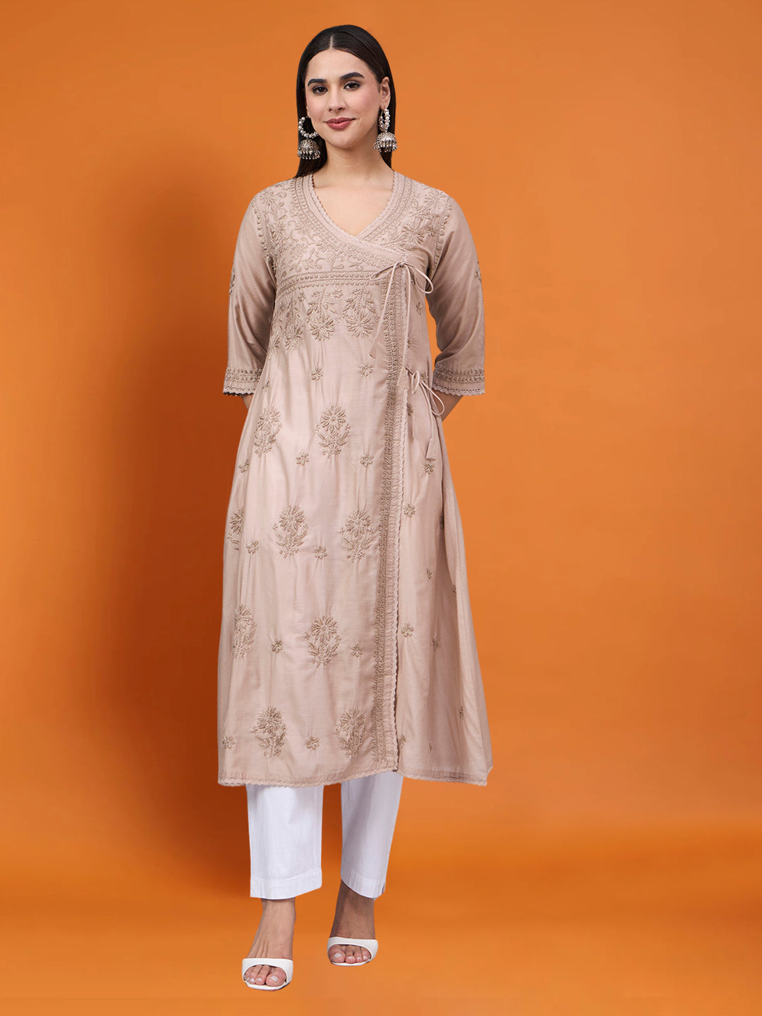 Women chikankari hand Embroidered Chanderi Angrakha kurta-PC3667 Beige