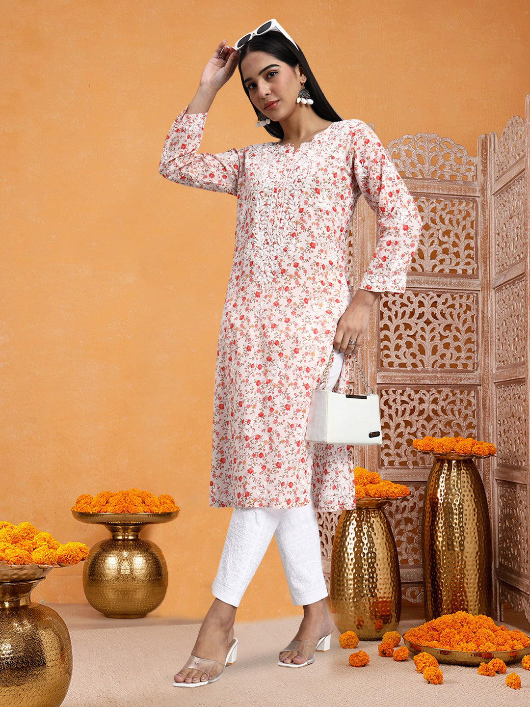 Hand Embroidered Chikankari Mulmul Printed Straight Kurta- PC4105