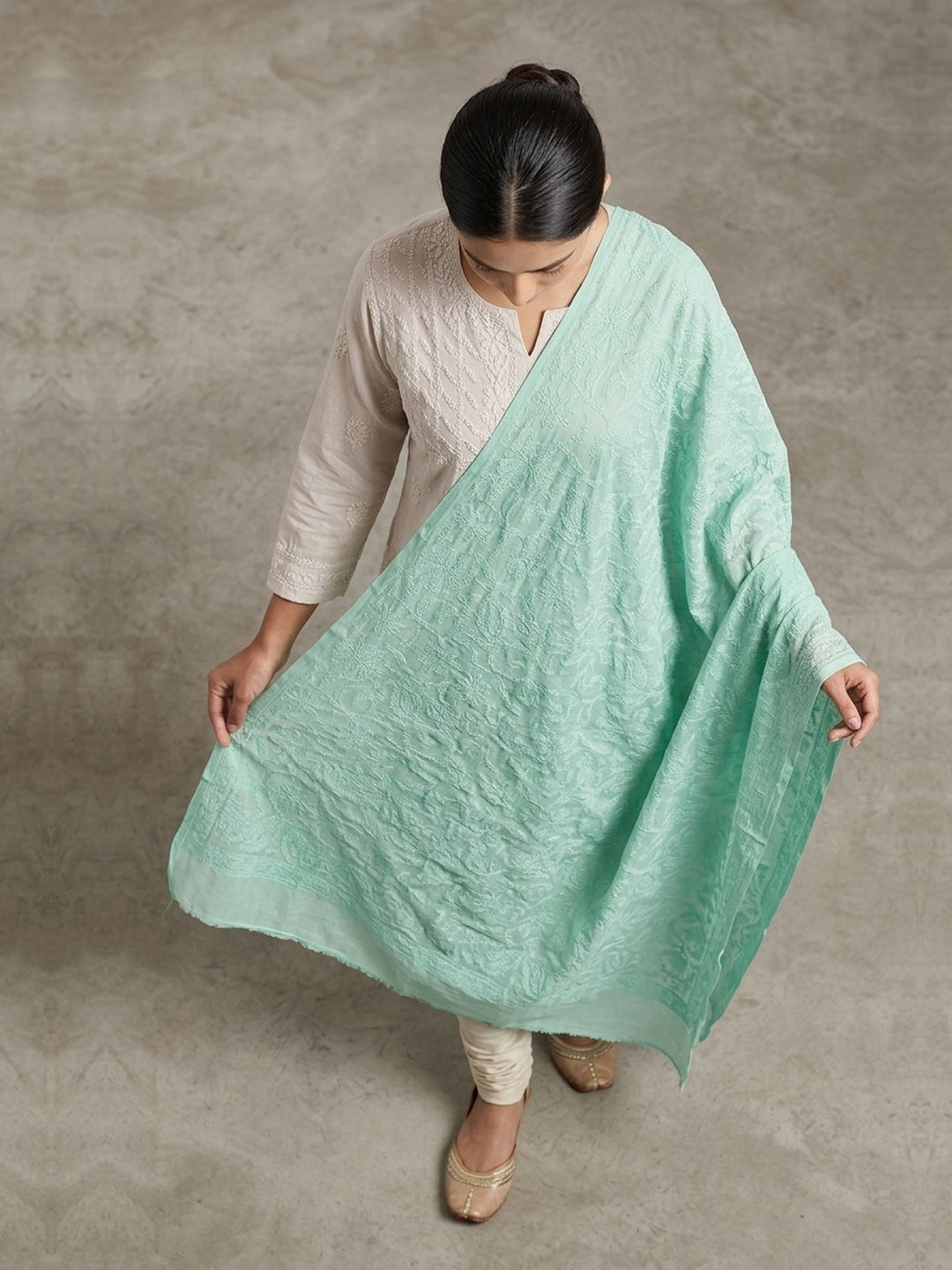 Women Hand Embroidered Cotton Chikankari Dupatta-PC4111 Seagreen