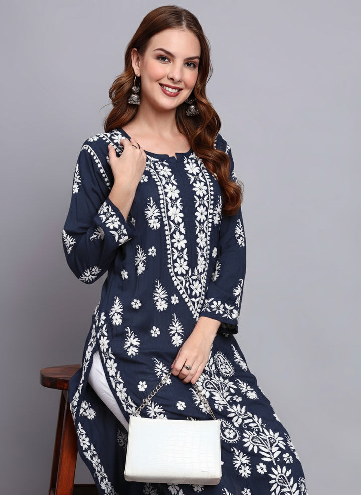 Hand Embroidered Chikankari Modal Straight Kurta- PC4042