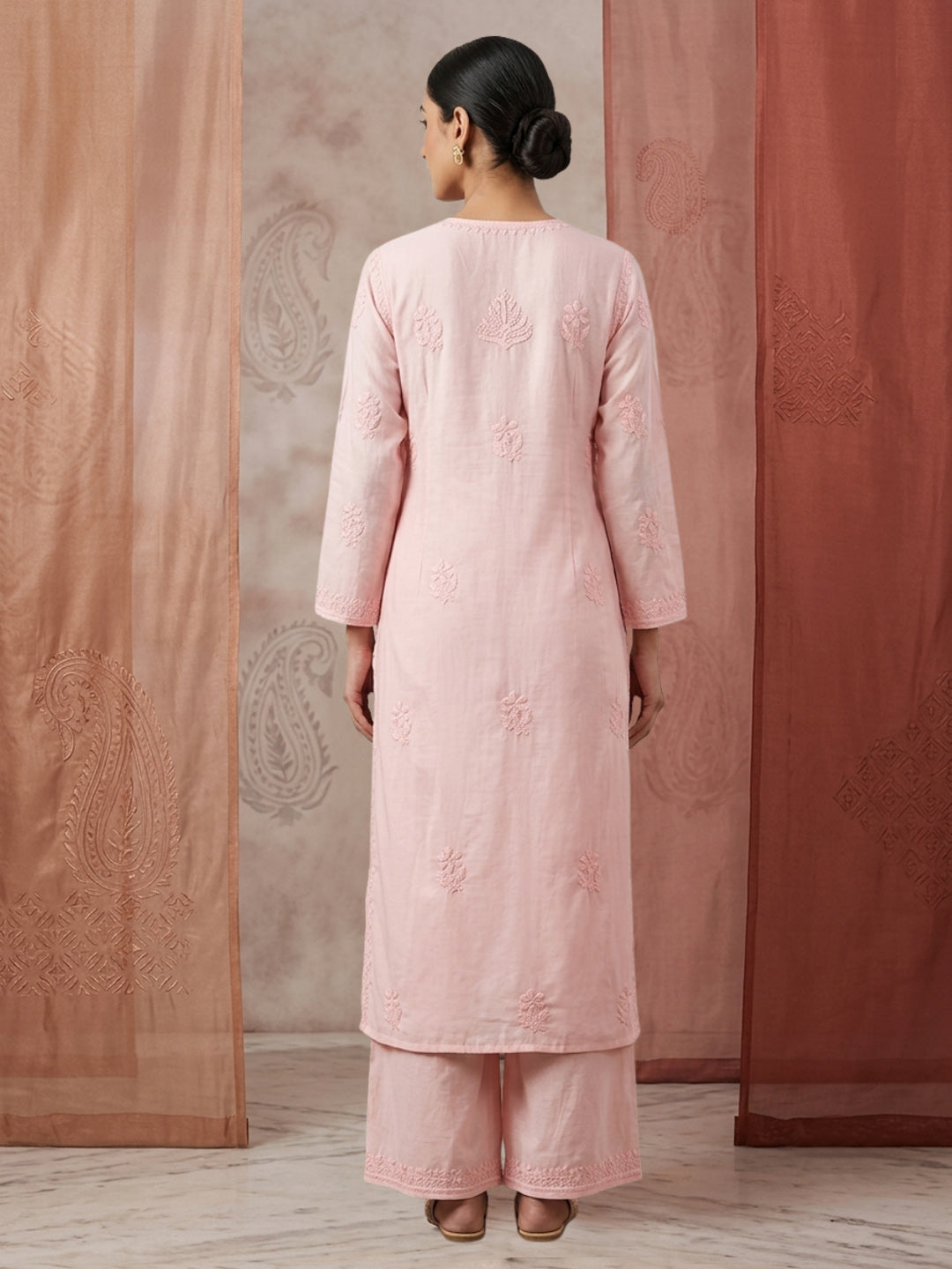 Women Hand Embroidered Chikankari Muslin Kurta Set PC4118KS-PEACH