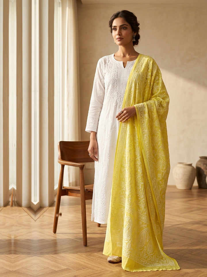 Women Hand Embroidered Cotton Chikankari Dupatta-PC4111 Darkyellow