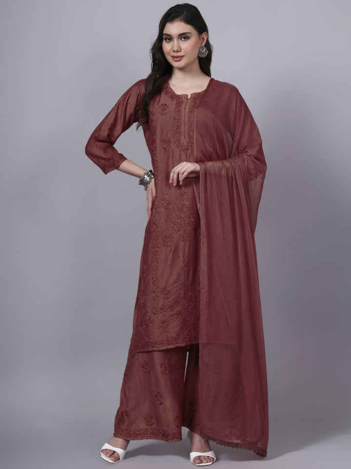 Women Hand Embroidered Chikankari Chanderi Kurta Set with dupatta PC4136KS Brown