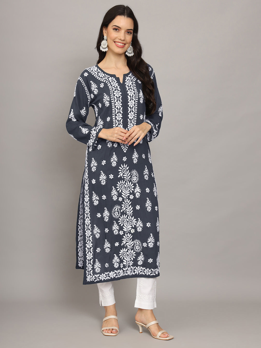 Hand Embroidered Chikankari Modal Straight Kurta- PC4042