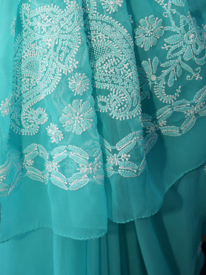 Hand Embroidered Chikankari Georgette Saree PCSAR04 Green