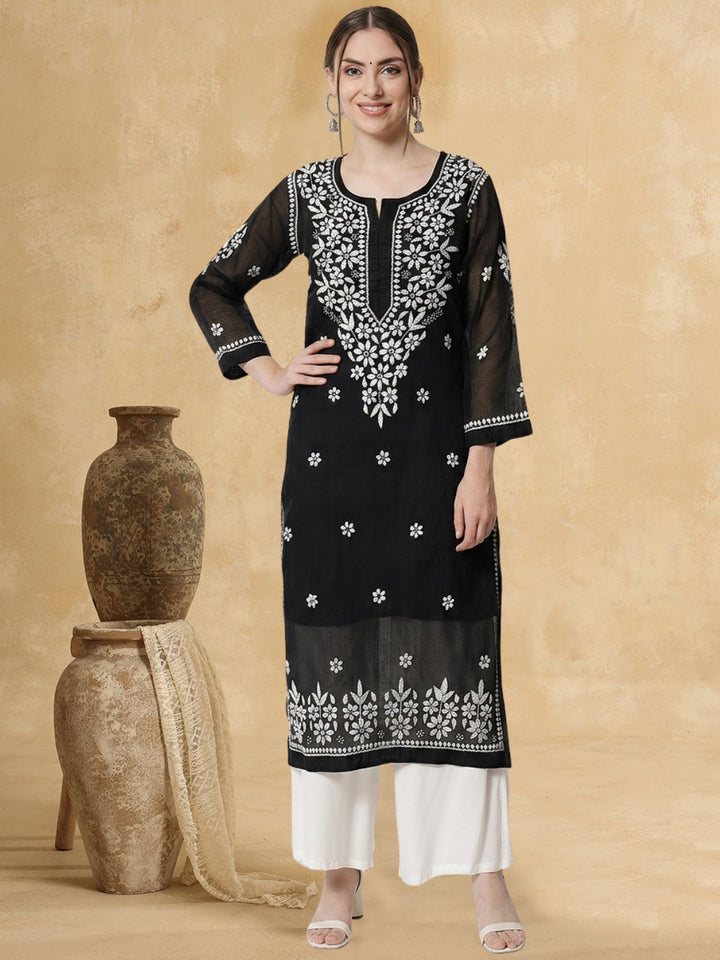 Hand Embroidered Chikankari Kota Cotton straight Kurta with Matching Slip- PC3540 Black