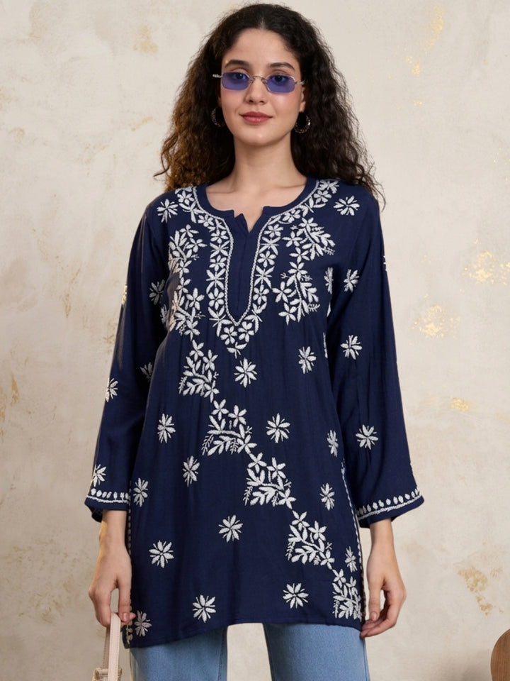 Women Hand Embroidered Chikankari Rayon Kurti PC4071 Darknavy