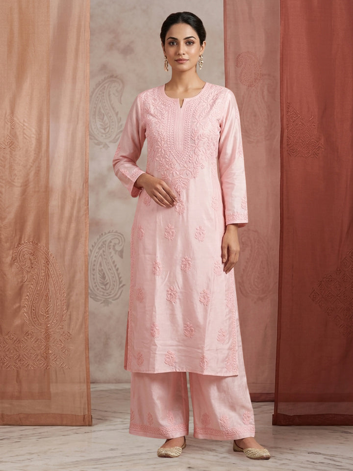 Women Hand Embroidered Chikankari Muslin Kurta Set PC4118KS-PEACH
