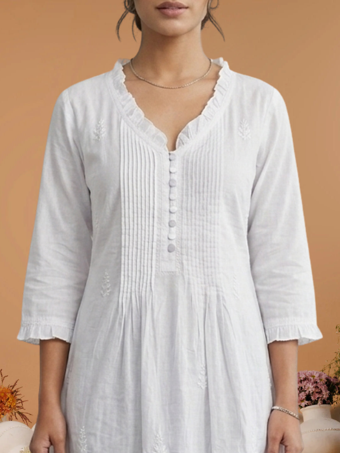 White and Pink Chikankari Cotton Tunic with Ruffle Neck – Side View