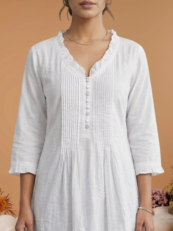 White and Pink Chikankari Cotton Tunic with Ruffle Neck – Side View