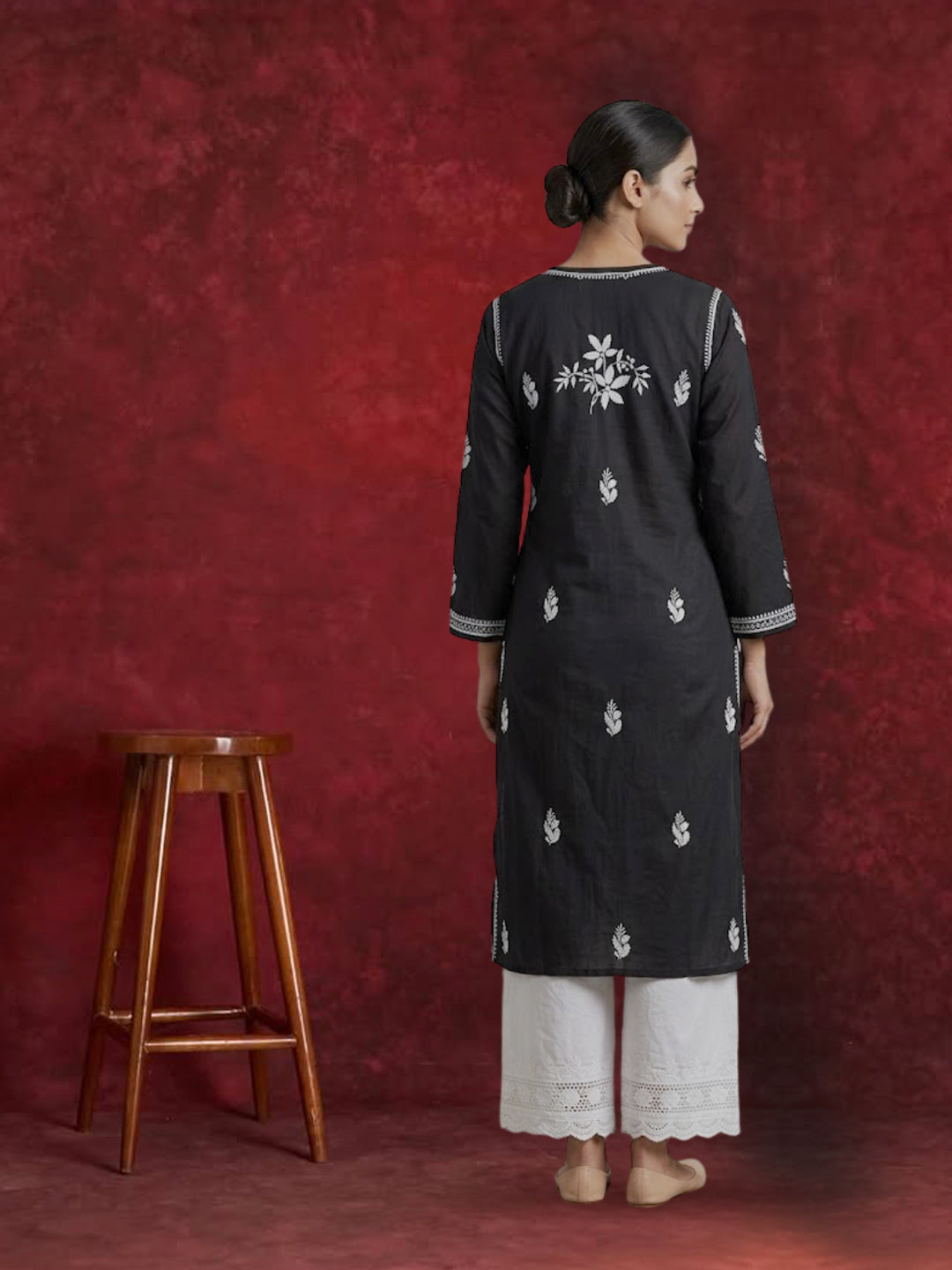 Hand Embroidered Chikankari Cotton Straight Kurta-PC3372 Black