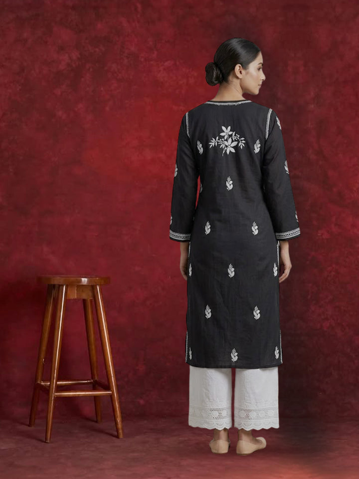 Hand Embroidered Chikankari Cotton Straight Kurta-PC3372 Black