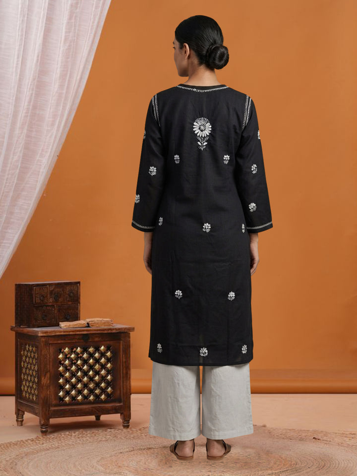 Hand Embroidered Chikankari Straight Floral Cotton Kurta-NTV115 Black