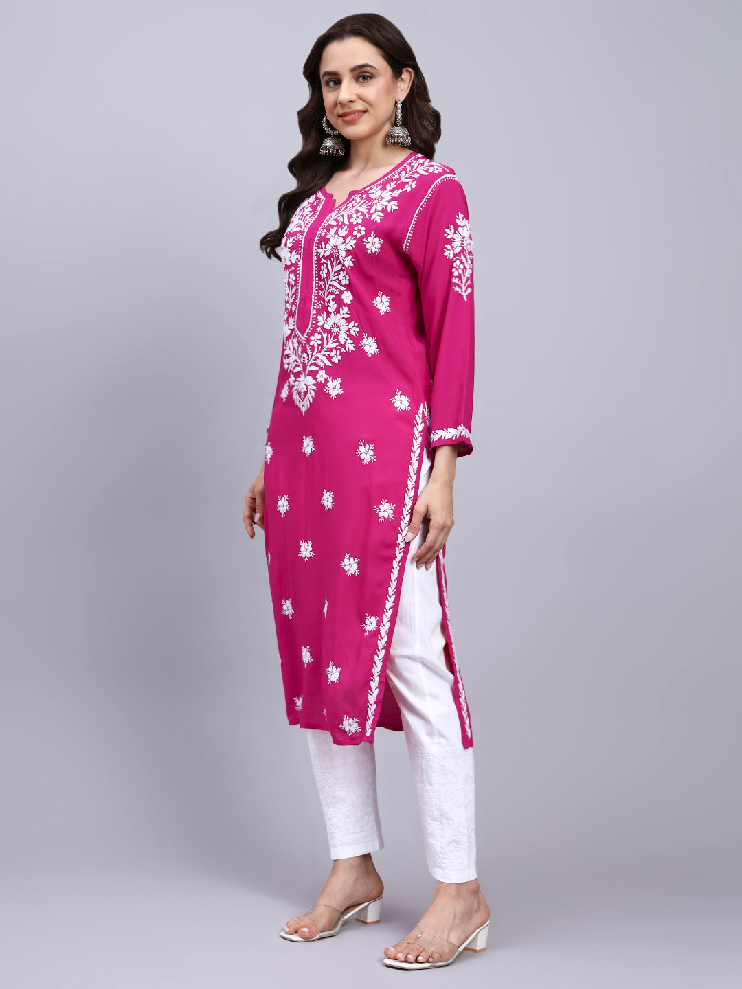 Hand Embroidered Chikankari Modal Straight Kurta- PC4059 Magenta