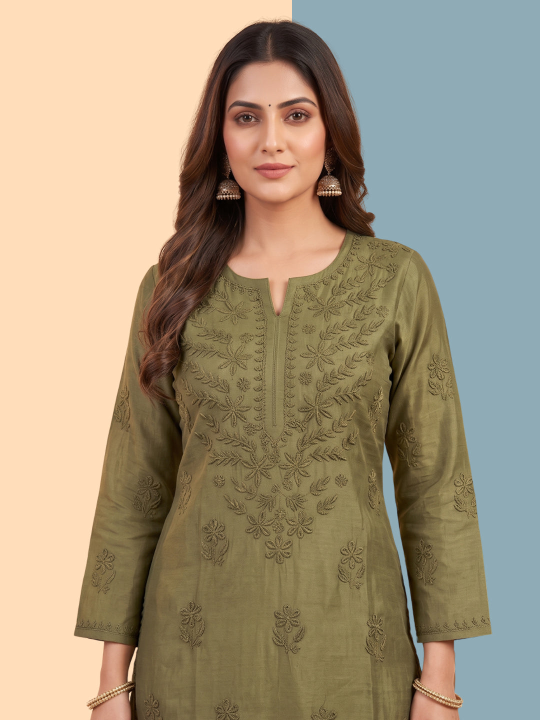 Women Hand Embroidered Chikankari Chanderi Kurta Set PC4119KS Olivegreen