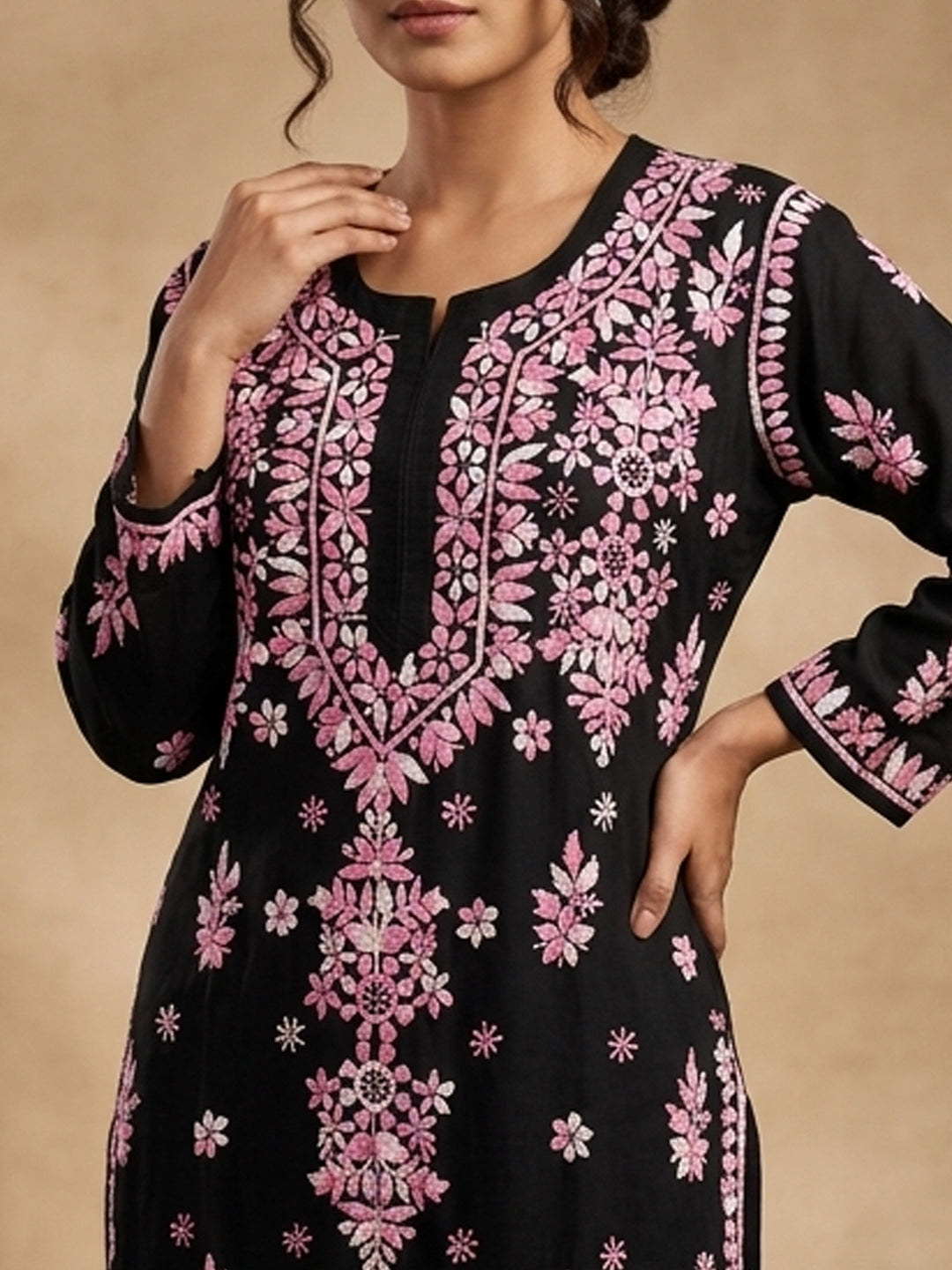 Hand Embroidered Chikankari Modal Straight Kurta PC4113 Pink