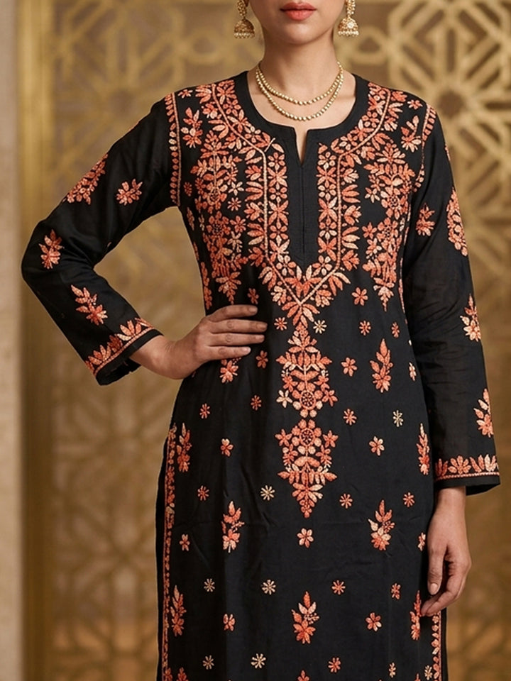 Hand Embroidered Chikankari Modal Straight Kurta PC4113 Orange