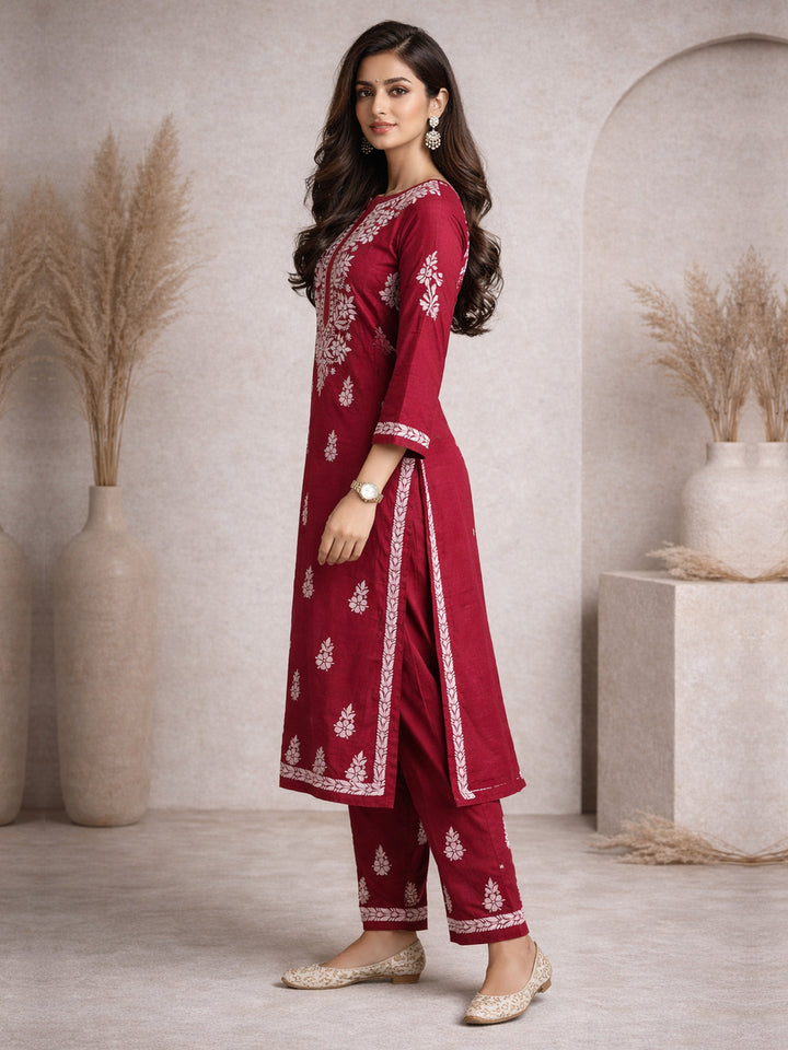 Women Hand Embroidered Chikankari Cotton kurta set PC4107KS Maroon