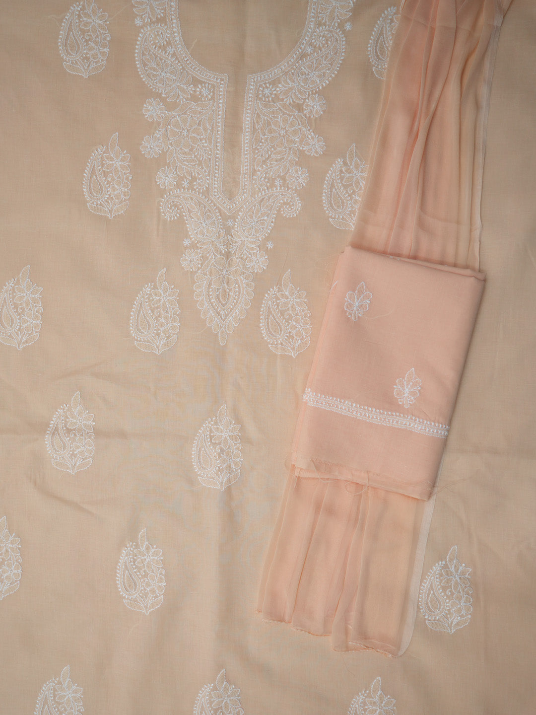 Women Hand Embroidered Chikankari Cotton DressMaterial PCSCU00104FS-PEACH