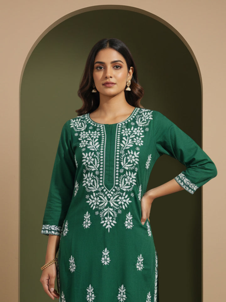 Women Hand Embroidered Chikankari Cotton kurta set PC4107KS Bottlegreen