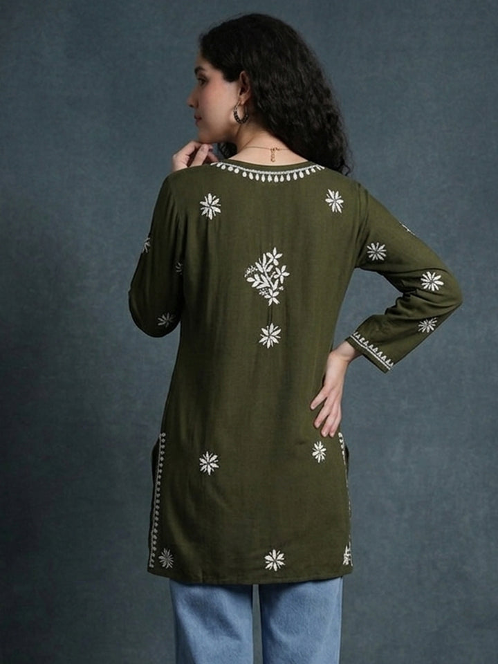 Women Hand Embroidered Chikankari Rayon Kurti PC4071 Olive