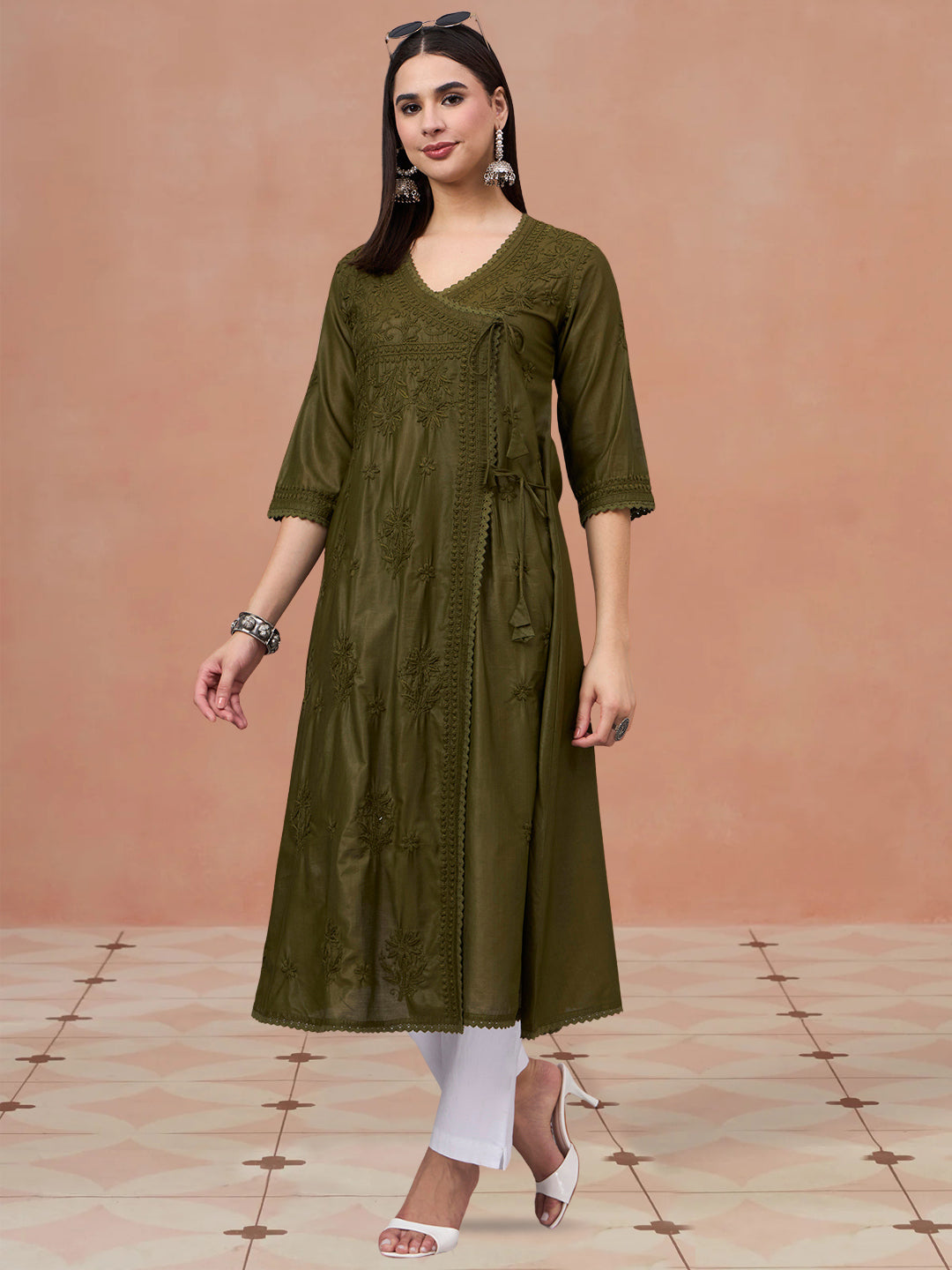 Women chikankari hand Embroidered Chanderi Angrakha kurta-PC3667 Olive