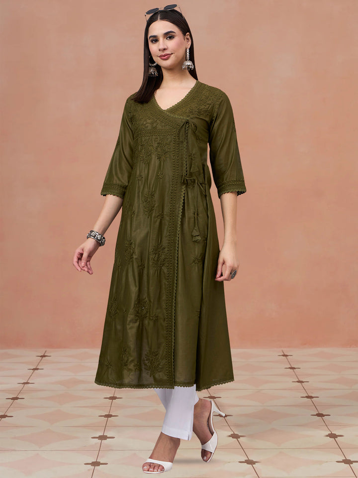 Women chikankari hand Embroidered Chanderi Angrakha kurta-PC3667 Olive
