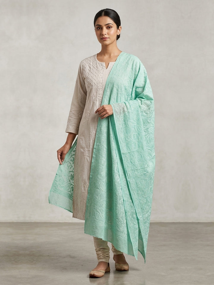 Women Hand Embroidered Cotton Chikankari Dupatta-PC4111 Seagreen