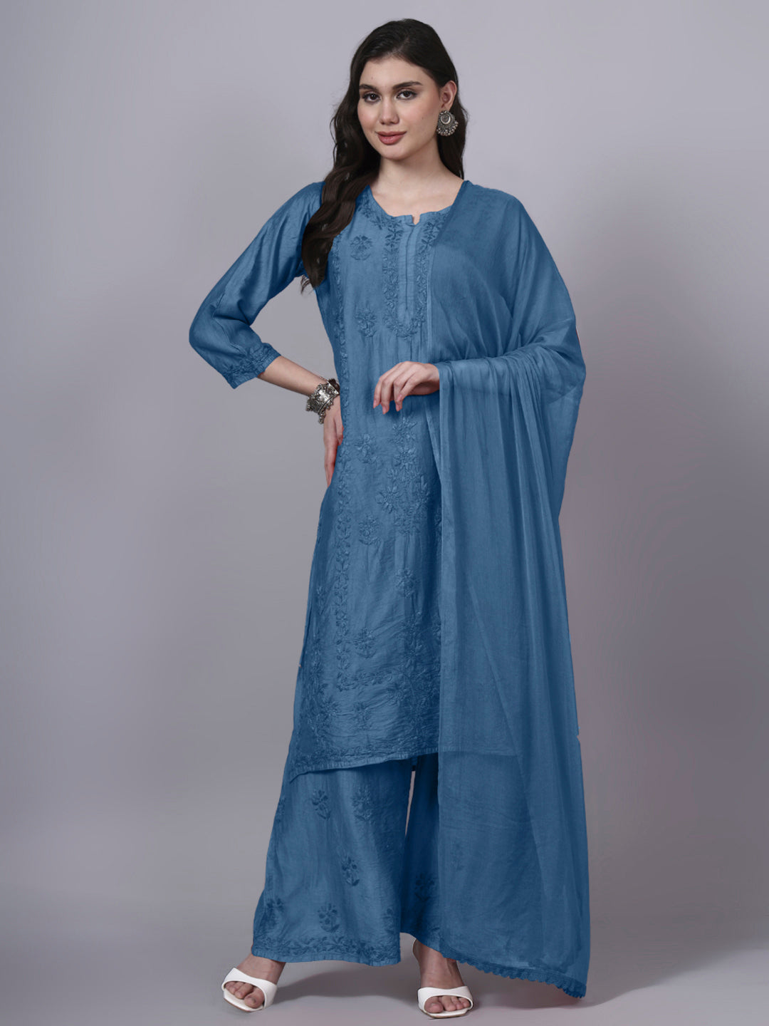 Women Hand Embroidered Chikankari Chanderi Kurta Set with dupatta PC4136KS Blue